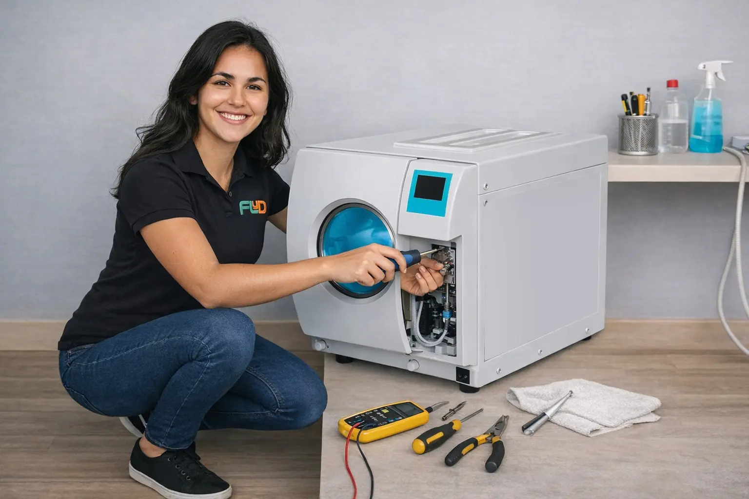 Técnico realizando mantenimiento preventivo de autoclave odontológico en Lima - FLYD
